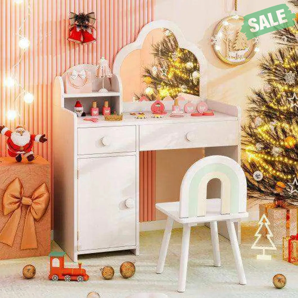Kids Vanity Table and Chair Set with Cloud-shaped Mirror and Open Shelf-White White Kids Vanities