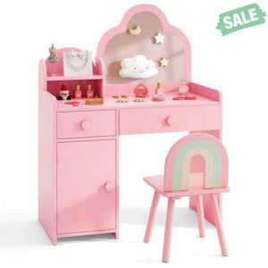 Kids Vanity Table and Chair Set with Cloud-shaped Mirror and Open Shelf-White White Kids Vanities