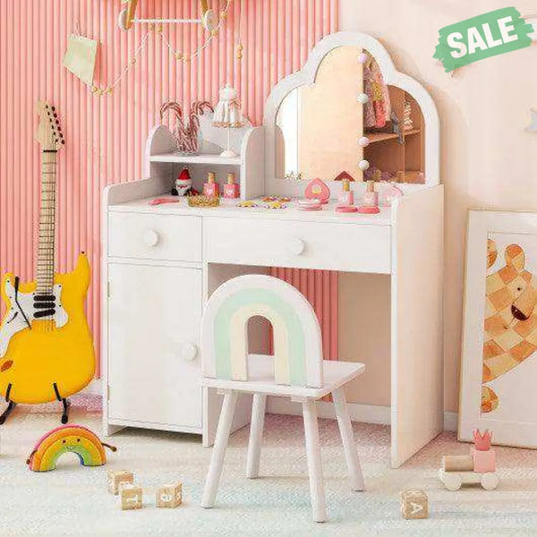 Kids Vanity Table and Chair Set with Cloud-shaped Mirror and Open Shelf-White White Kids Vanities