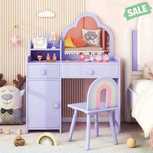 Kids Vanity Table and Chair Set with Cloud-shaped Mirror and Open Shelf-White White Kids Vanities