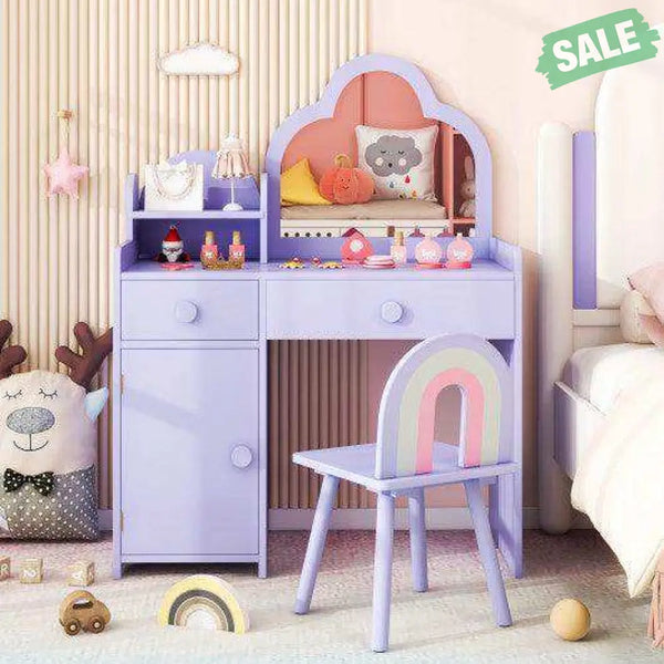 Kids Vanity Table and Chair Set with Cloud-shaped Mirror and Open Shelf-White White Kids Vanities