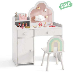 Kids Vanity Table and Chair Set with Cloud-shaped Mirror and Open Shelf-White White Kids Vanities