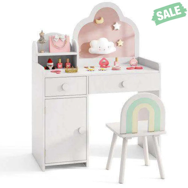 Kids Vanity Table and Chair Set with Cloud-shaped Mirror and Open Shelf-White White Kids Vanities