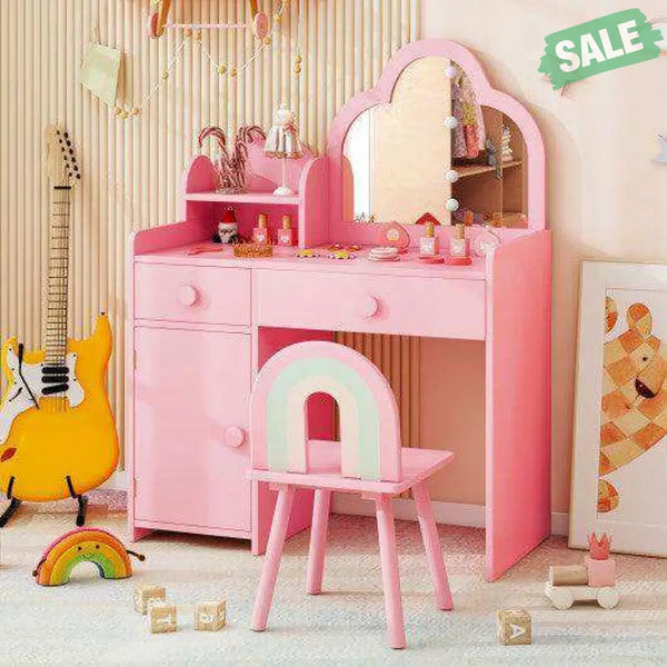 Kids Vanity Table and Chair Set with Cloud-shaped Mirror and Open Shelf-White White Kids Vanities