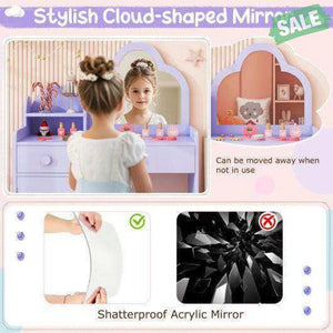 Kids Vanity Table and Chair Set with Cloud-shaped Mirror and Open Shelf-White White Kids Vanities