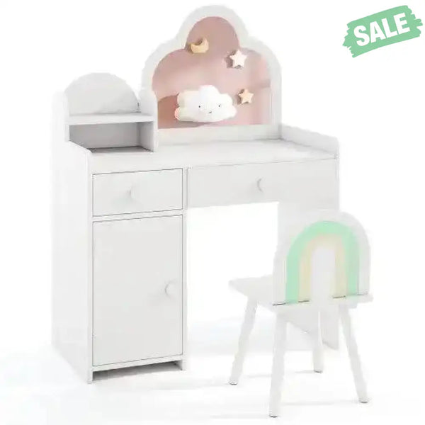 Kids Vanity Table and Chair Set with Cloud-shaped Mirror and Open Shelf-White White Kids Vanities