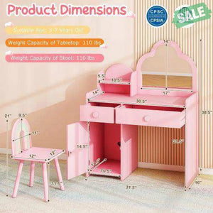 Kids Vanity Table and Chair Set with Cloud-shaped Mirror and Open Shelf-White White Kids Vanities