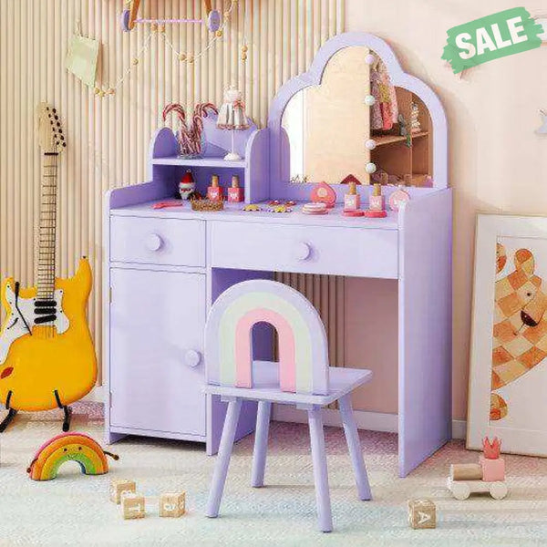 Kids Vanity Table and Chair Set with Cloud-shaped Mirror and Open Shelf-White White Kids Vanities