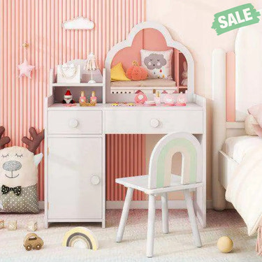Kids Vanity Table and Chair Set with Cloud-shaped Mirror and Open Shelf-White White Kids Vanities