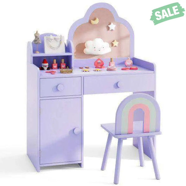 Kids Vanity Table and Chair Set with Cloud-shaped Mirror and Open Shelf-White White Kids Vanities