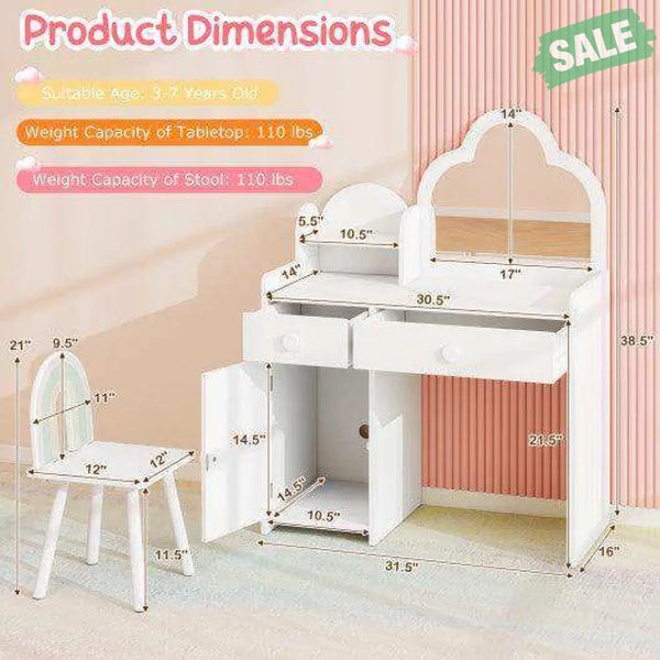 Kids Vanity Table and Chair Set with Cloud-shaped Mirror and Open Shelf-White White Kids Vanities