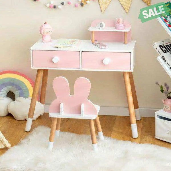 Kids Vanity Table and Chair Set with Drawer Shelf and Rabbit Mirror-Pink Pink Kids Vanities
