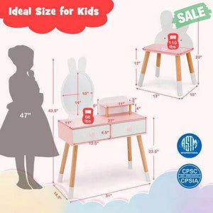 Kids Vanity Table and Chair Set with Drawer Shelf and Rabbit Mirror-Pink Pink Kids Vanities