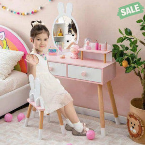 Kids Vanity Table and Chair Set with Drawer Shelf and Rabbit Mirror-Pink Pink Kids Vanities