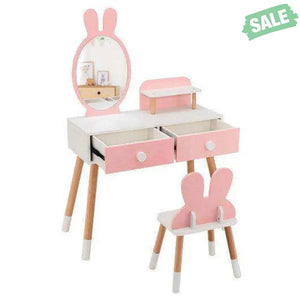 Kids Vanity Table and Chair Set with Drawer Shelf and Rabbit Mirror-Pink Pink Kids Vanities