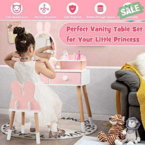 Kids Vanity Table and Chair Set with Drawer Shelf and Rabbit Mirror-Pink Pink Kids Vanities