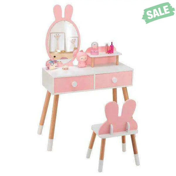 Kids Vanity Table and Chair Set with Drawer Shelf and Rabbit Mirror-Pink Pink Kids Vanities