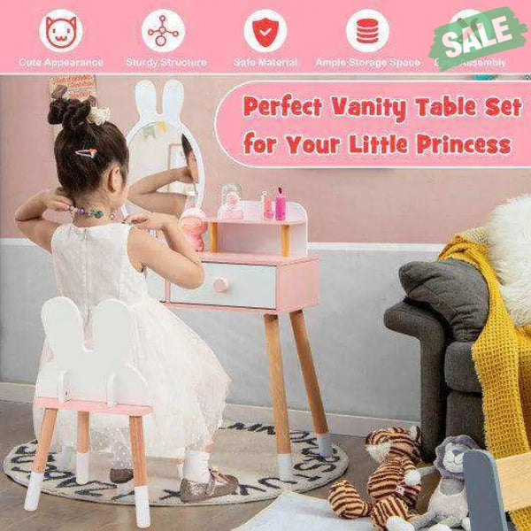 Kids Vanity Table and Chair Set with Drawer Shelf and Rabbit Mirror-Pink Pink Kids Vanities