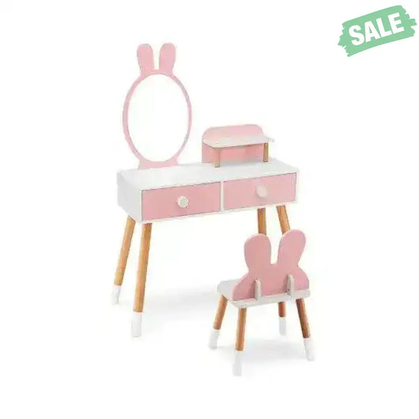 Kids Vanity Table and Chair Set with Drawer Shelf and Rabbit Mirror-Pink Pink Kids Vanities