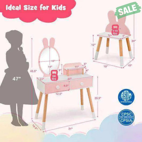Kids Vanity Table and Chair Set with Drawer Shelf and Rabbit Mirror-Pink Pink Kids Vanities