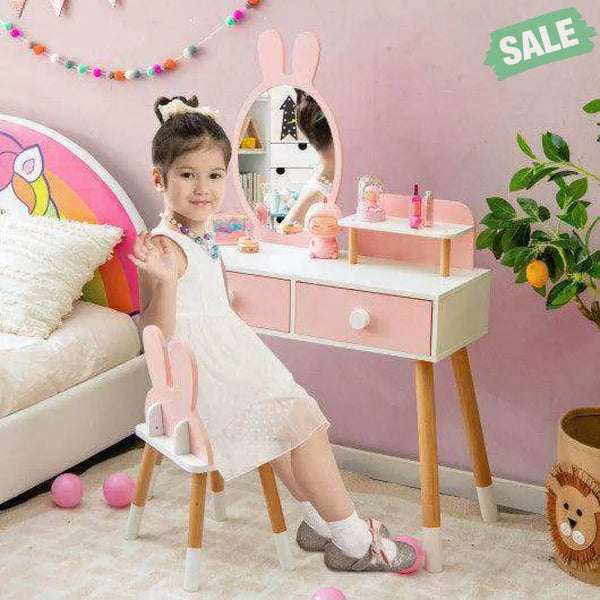 Kids Vanity Table and Chair Set with Drawer Shelf and Rabbit Mirror-Pink Pink Kids Vanities