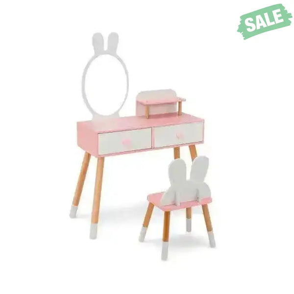 Kids Vanity Table and Chair Set with Drawer Shelf and Rabbit Mirror-White