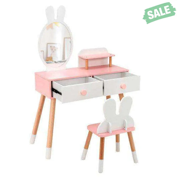 Kids Vanity Table and Chair Set with Drawer Shelf and Rabbit Mirror-White