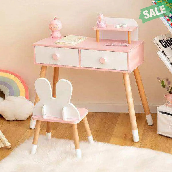 Kids Vanity Table and Chair Set with Drawer Shelf and Rabbit Mirror-White