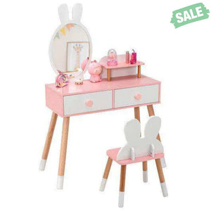 Kids Vanity Table and Chair Set with Drawer Shelf and Rabbit Mirror-White