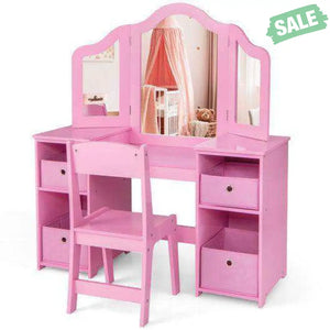 Kids Vanity Table and Chair Set with Removable Mirrors and 4 Storage Bins-Pink Pink Kids Vanities