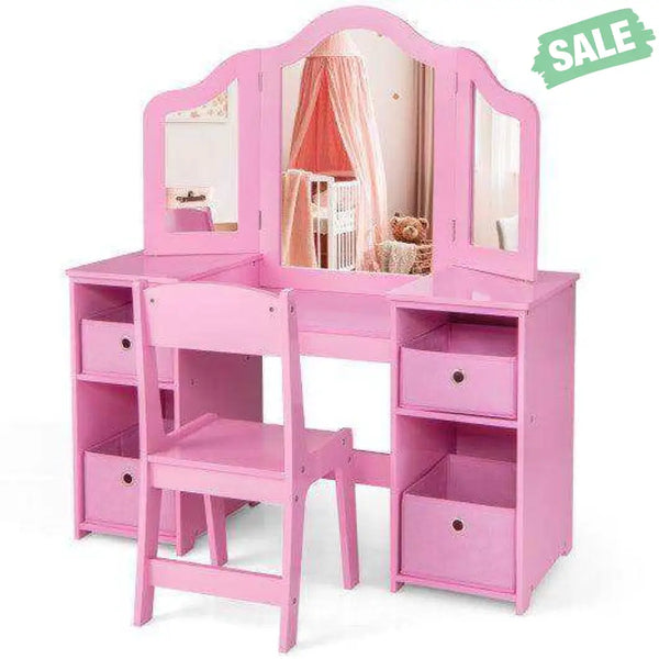 Kids Vanity Table and Chair Set with Removable Mirrors and 4 Storage Bins-Pink Pink Kids Vanities