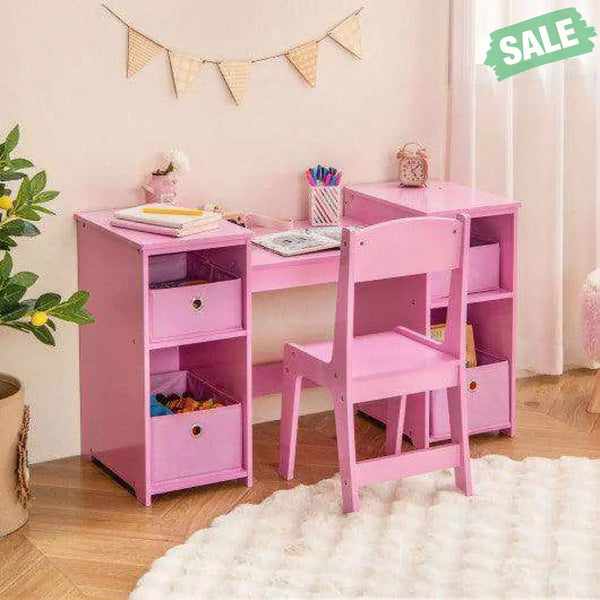 Kids Vanity Table and Chair Set with Removable Mirrors and 4 Storage Bins-Pink Pink Kids Vanities