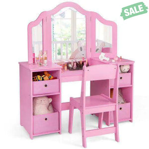 Kids Vanity Table and Chair Set with Removable Mirrors and 4 Storage Bins-Pink Pink Kids Vanities