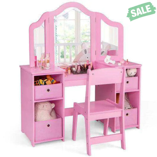 Kids Vanity Table and Chair Set with Removable Mirrors and 4 Storage Bins-Pink Pink Kids Vanities
