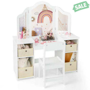 Kids Vanity Table and Chair Set with Removable Mirrors and 4 Storage Bins-Pink Pink Kids Vanities