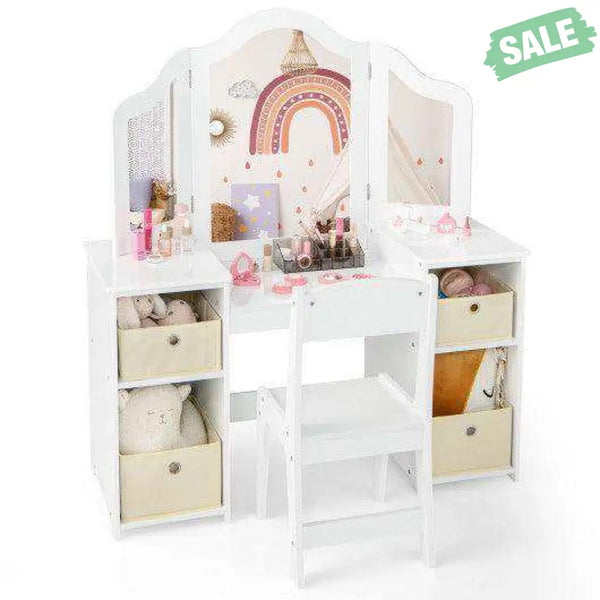 Kids Vanity Table and Chair Set with Removable Mirrors and 4 Storage Bins-Pink Pink Kids Vanities
