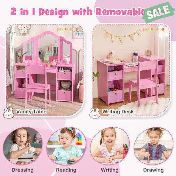 Kids Vanity Table and Chair Set with Removable Mirrors and 4 Storage Bins-Pink Pink Kids Vanities