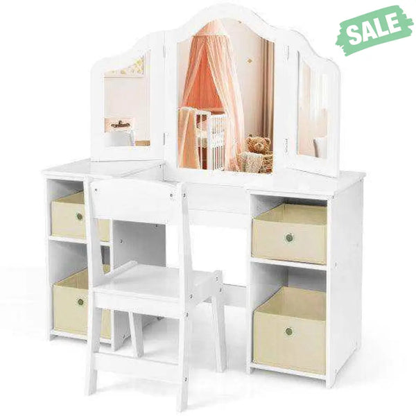 Kids Vanity Table and Chair Set with Removable Mirrors and 4 Storage Bins-Pink Pink Kids Vanities