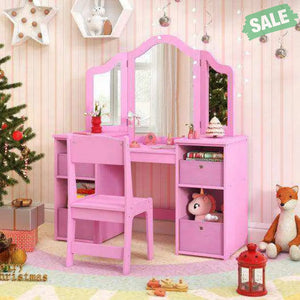 Kids Vanity Table and Chair Set with Removable Mirrors and 4 Storage Bins-Pink Pink Kids Vanities