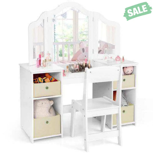 Kids Vanity Table and Chair Set with Removable Mirrors and 4 Storage Bins-Pink Pink Kids Vanities