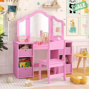 Kids Vanity Table and Chair Set with Removable Mirrors and 4 Storage Bins-Pink Pink Kids Vanities