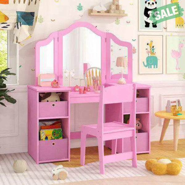 Kids Vanity Table and Chair Set with Removable Mirrors and 4 Storage Bins-Pink Pink Kids Vanities