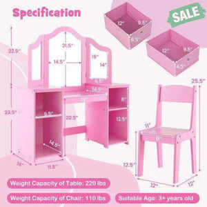 Kids Vanity Table and Chair Set with Removable Mirrors and 4 Storage Bins-Pink Pink Kids Vanities