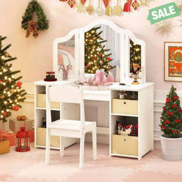 Kids Vanity Table and Chair Set with Removable Mirrors and 4 Storage Bins-White
