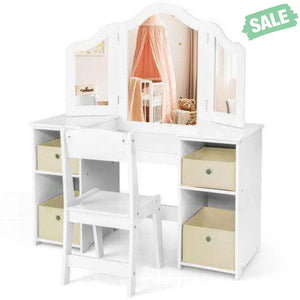 Kids Vanity Table and Chair Set with Removable Mirrors and 4 Storage Bins-White