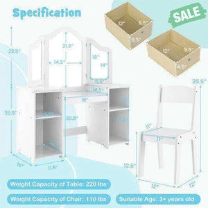 Kids Vanity Table and Chair Set with Removable Mirrors and 4 Storage Bins-White