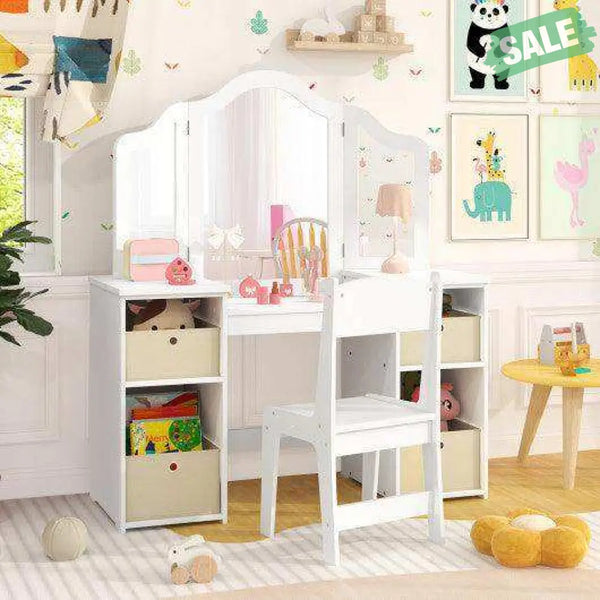 Kids Vanity Table and Chair Set with Removable Mirrors and 4 Storage Bins-White