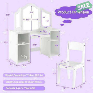 Kids Vanity Table and Chair Set with Removable Tri-Folding Mirror-White White Kids Vanities