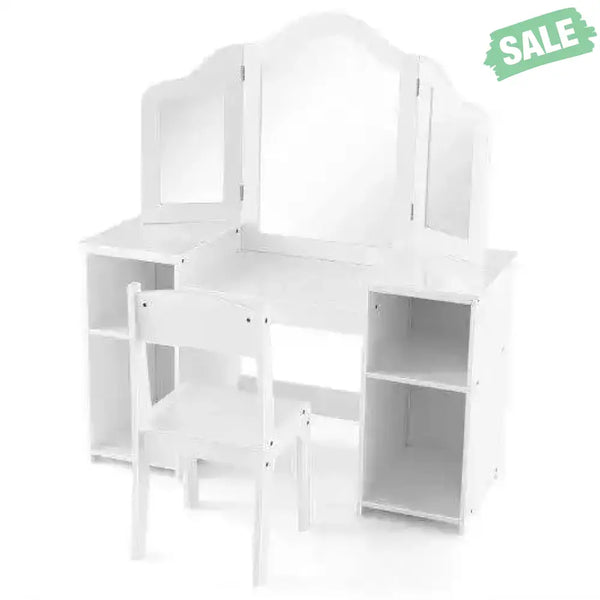 Kids Vanity Table and Chair Set with Removable Tri-Folding Mirror-White White Kids Vanities