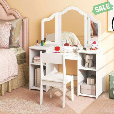 Kids Vanity Table and Chair Set with Removable Tri-Folding Mirror-White White Kids Vanities